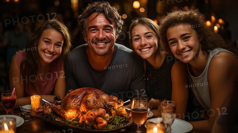 Thanksgiving family portriat at the seasonal dinner table
