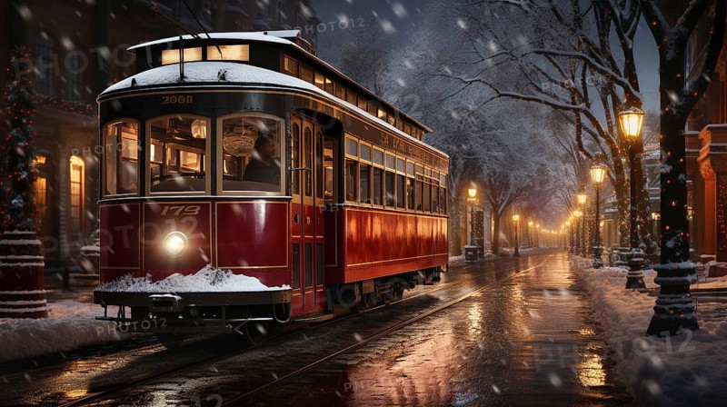 Festive christmas holiday decorated town trolley driving down the street. generative AI