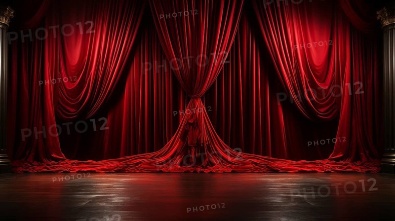 Dramatically lit lustrous red velvet theatre curtains and wooden stage floor. generative AI