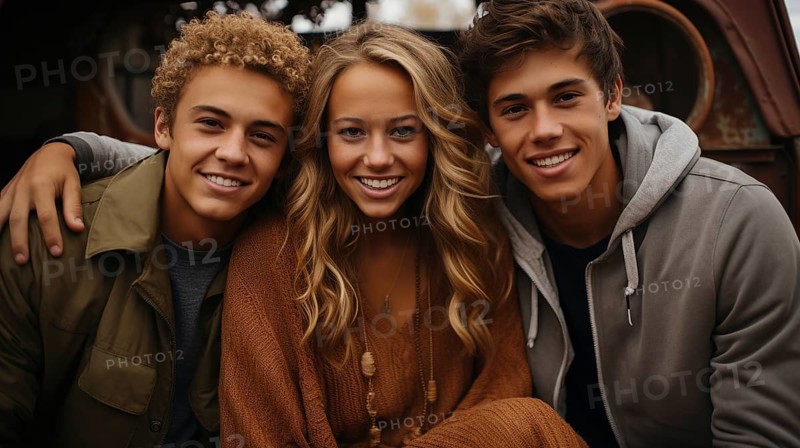 A few teenaged friends pose for a portrait as they enjoy the fall gathering on the farm