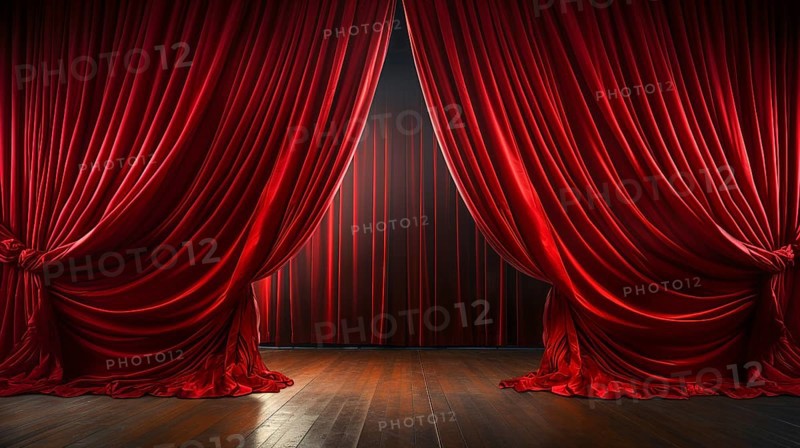 Dramatically lit lustrous red velvet theatre curtains and wooden stage floor. generative AI