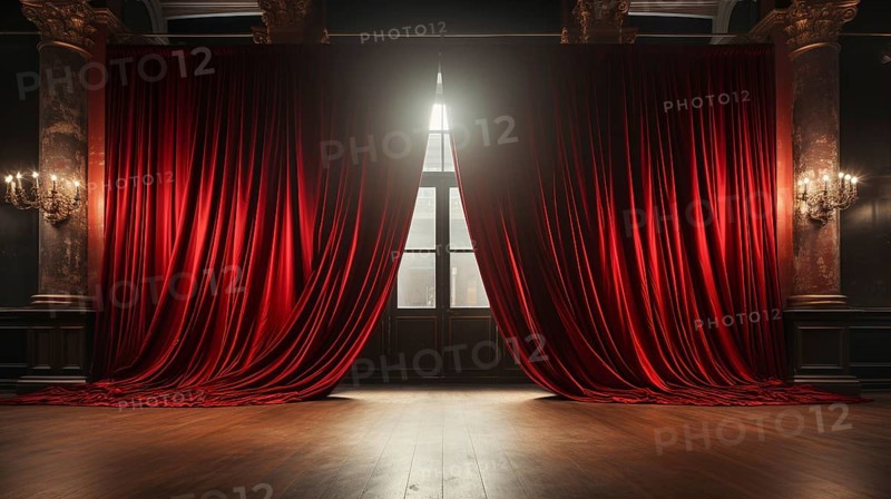 Dramatically lit lustrous red velvet theatre curtains and wooden stage floor. generative AI