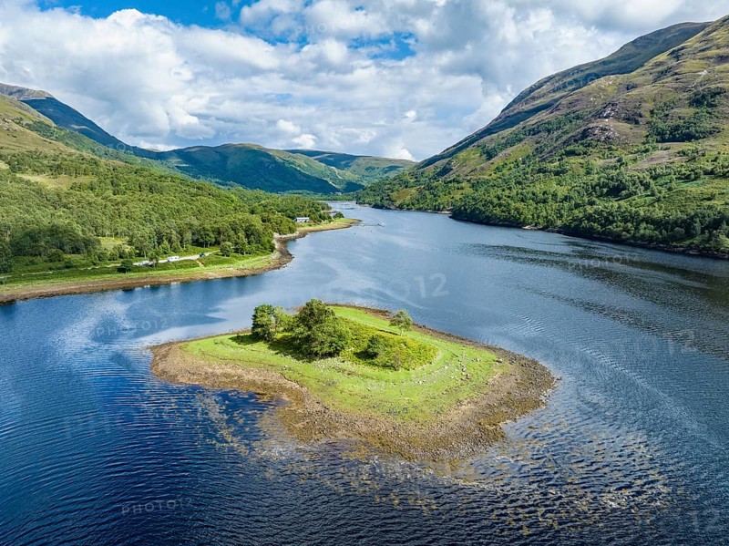 Aerial view of the eastern part of the freshwater loch Loch Leven with a small island