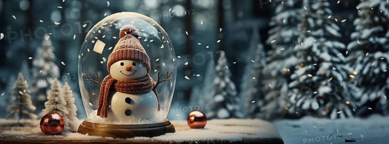 Christmas snow globe with snowman on a wood surface banner. generative AI