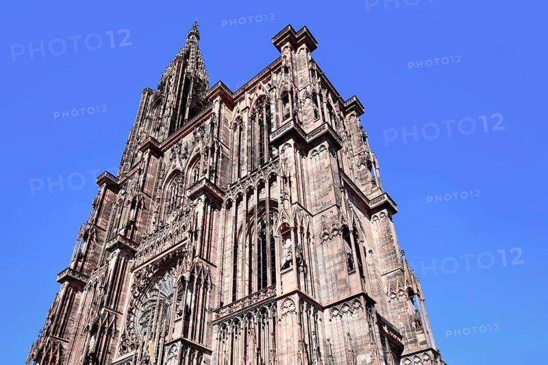 Tower of famous Strasbourg Cathedral in France in romanesque and gothic architecture style