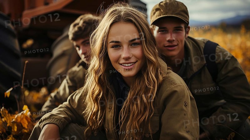 Cute teenaged couple enjoying a fall gathering on the country farm with friends