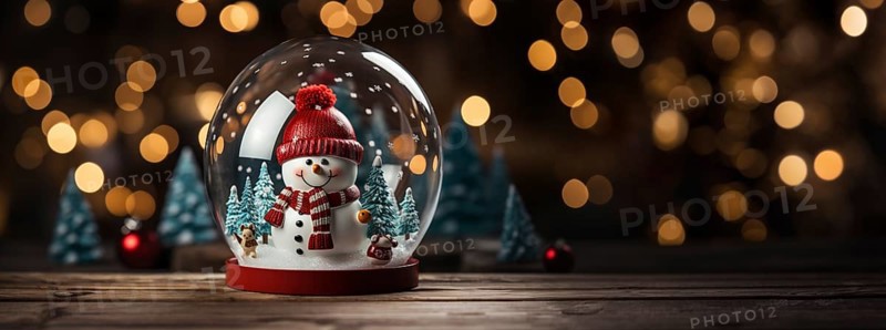 Christmas snow globe with snowman on a wood surface banner. generative AI
