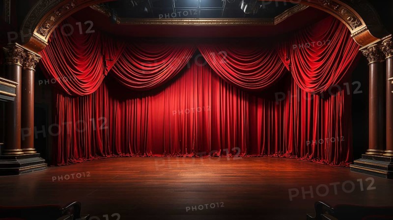 Dramatically lit lustrous red velvet theatre curtains and wooden stage floor. generative AI