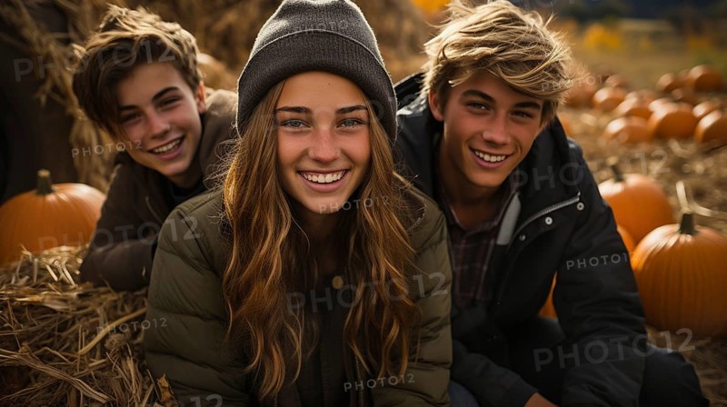 A few teenaged friends pose for a portrait as they enjoy the fall gathering on the farm