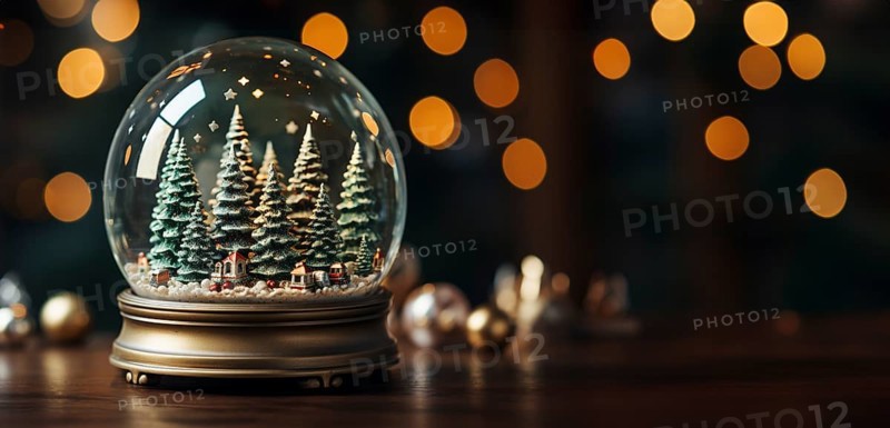 Christmas snow globe with pine trees and cabin on a wood surface banner. generative AI