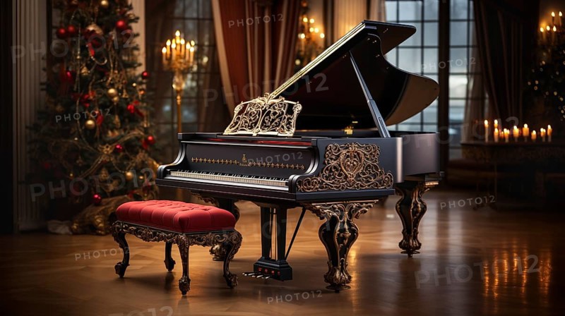 Classic ornate grand piano in A christmas decorated music room. generative AI