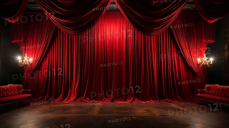 Dramatically lit lustrous red velvet theatre curtains and wooden stage floor. generative AI