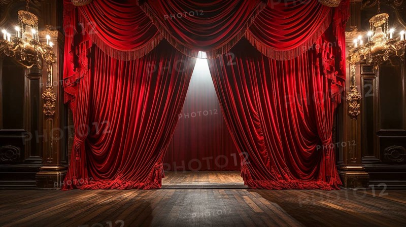 Dramatically lit lustrous red velvet theatre curtains and wooden stage floor. generative AI