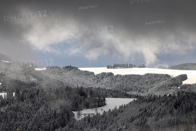 Fresh snow in November with a wonderful view of the Black Forest in a cloudy atmosphere