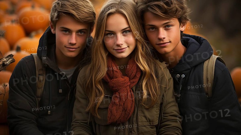 A few teenaged friends pose for a portrait as they enjoy the fall gathering on the farm