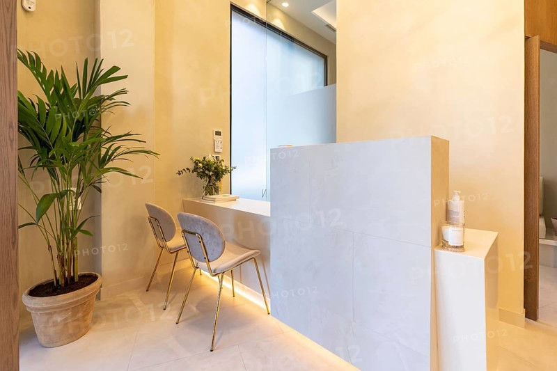 Interior design of the entrance of a luxury clinic with plants and chairs