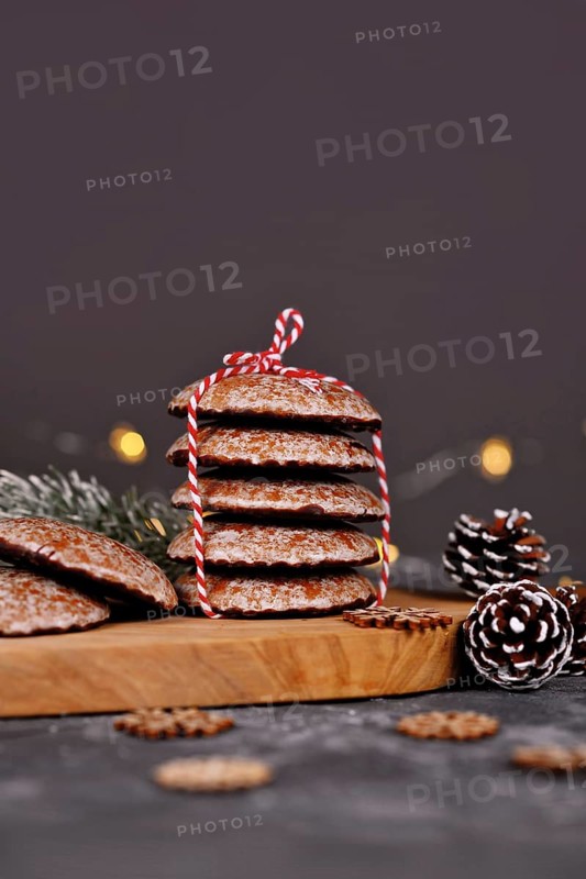 Stacks of traditional German round glazed gingerbread Christmas cookie called 'Lebkuchen' with copy space