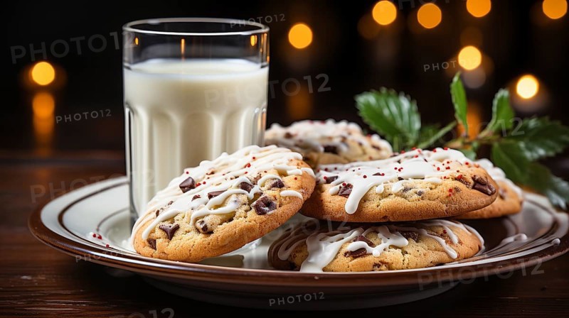 Chocolate chip cookies and milk on a small plate waiting for santa clause amist the decorations on christmas eve. generative AI