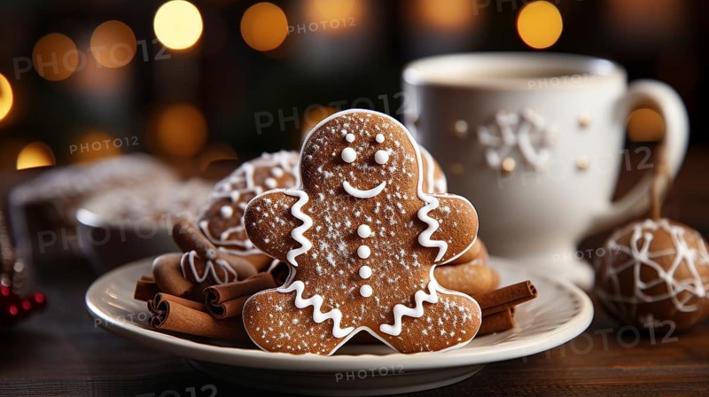 Christmas gingerbread man cookies on a small plate amist the decorations. generative AI