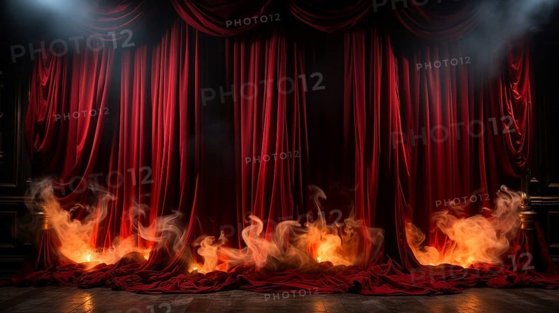 Theatre stage with red velvet curtains on fire. generative AI
