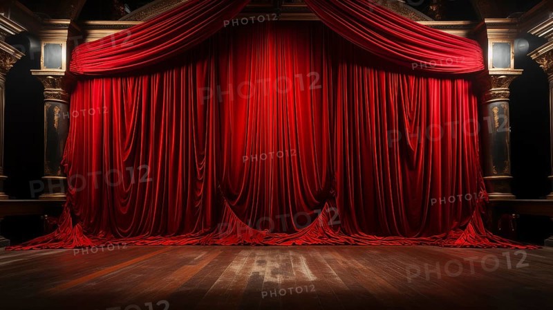 Dramatically lit lustrous red velvet theatre curtains and wooden stage floor. generative AI
