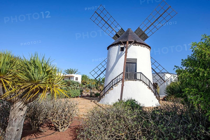 Restored historic windmill in botanical garden on grounds of Cheese Mua Museum of Traditional Cheese of Fuerteventura
