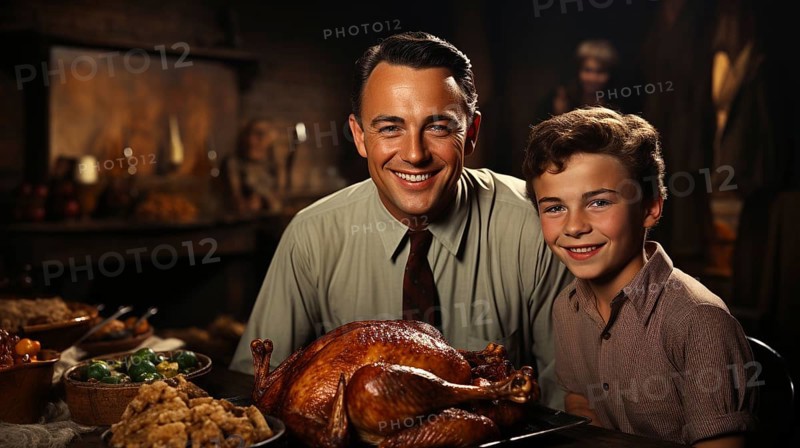 Vintage thanksgiving family portriat at the seasonal dinner table