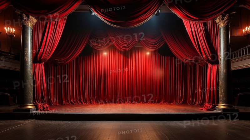 Dramatically lit lustrous red velvet theatre curtains and wooden stage floor. generative AI