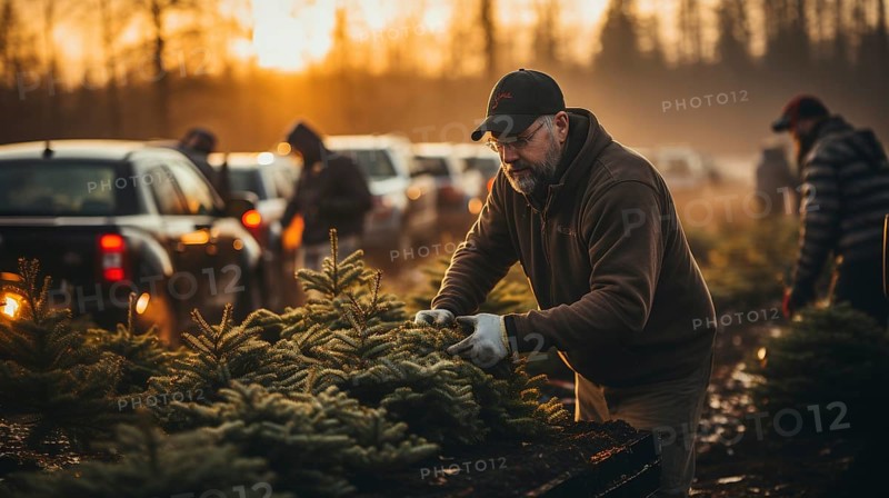 Middle-aged man working at the christmas tree farm during the holiday season. generative AI