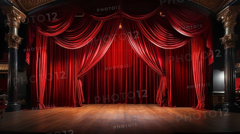 Dramatically lit lustrous red velvet theatre curtains and wooden stage floor. generative AI
