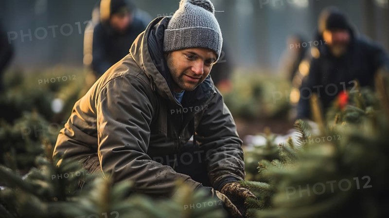 Young man working at the christmas tree farm planting new trees during the holiday season. generative AI