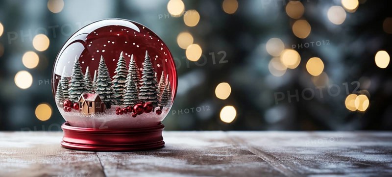 Christmas snow globe with pine trees and cabin on a wood surface banner. generative AI