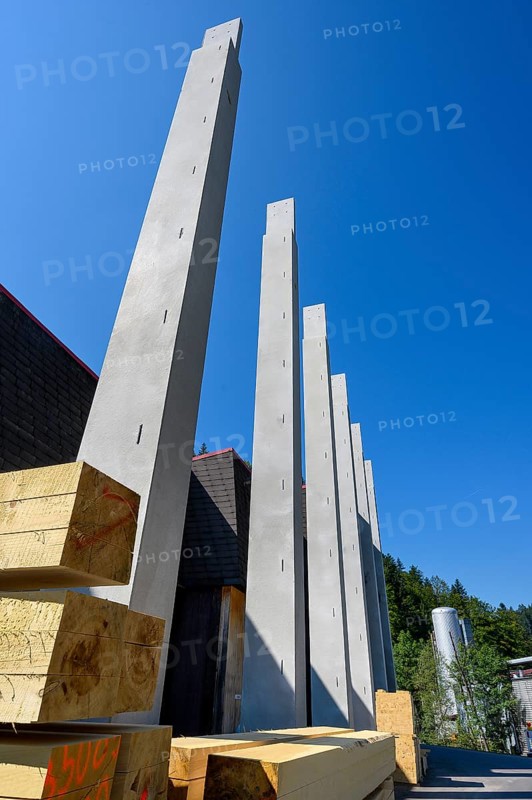 Wooden beams and concrete columns in a sawmill