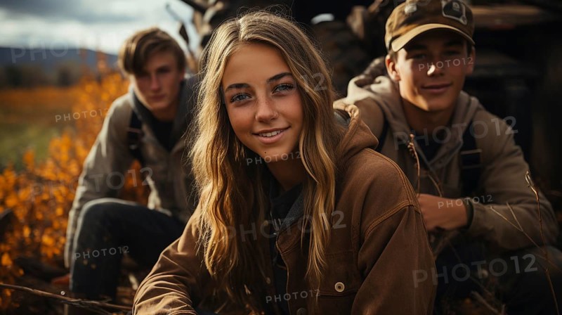 A few teenaged friends pose for a portrait as they enjoy the fall gathering on the farm