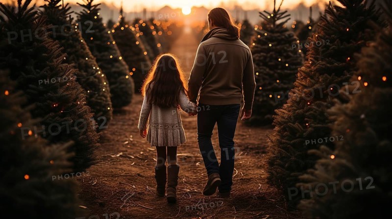 Young father and daughter walking to choose A christmas tree at the snowy farm. generative AI