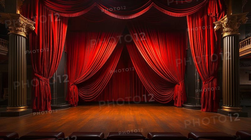 Dramatically lit lustrous red velvet theatre curtains and wooden stage floor. generative AI