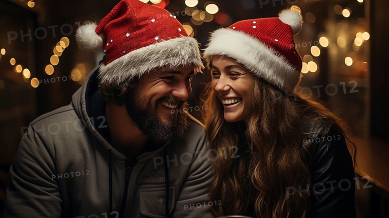 Festive young couple wearing santa hats laughing together in the snowy evening. generative AI