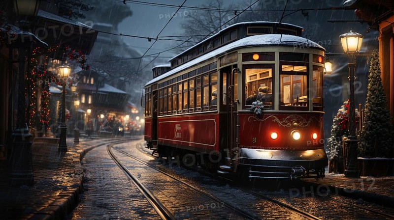 Festive christmas holiday decorated town trolley driving down the street. generative AI