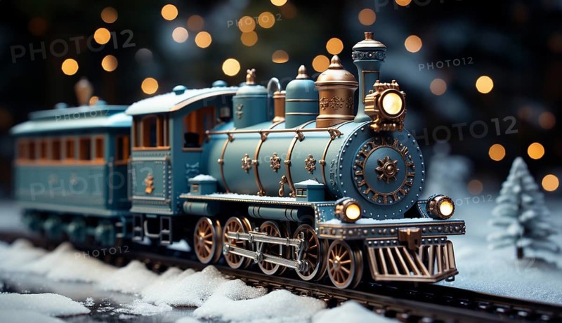 Miniature locamotive train set in A snowy christmas holiday setting. generative AI