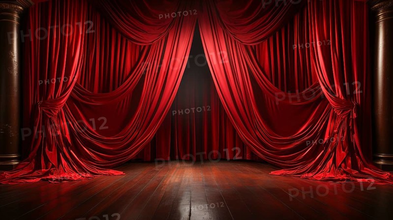 Dramatically lit lustrous red velvet theatre curtains and wooden stage floor. generative AI