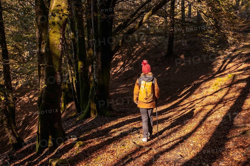 A young hiker on a trail in the Artikutza natural park on an autumn afternoon
