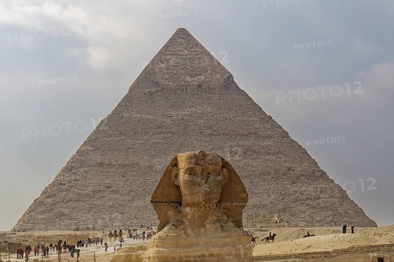 Head of the Great Sphinx in front of the Pyramid of Khafre