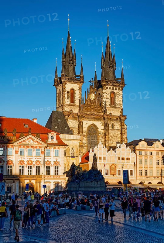 Jan Hus Monument and Teyn Church on Old Town Square
