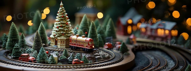 Model miniature troller train set and snowy christmas decorated town setting. generative AI
