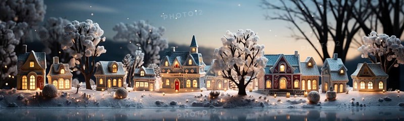 Miniature holiday christmas decorated town and snowy village scene banner. generative AI