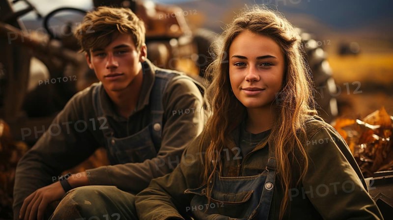 Cute teenaged couple enjoying a fall gathering on the country farm with friends