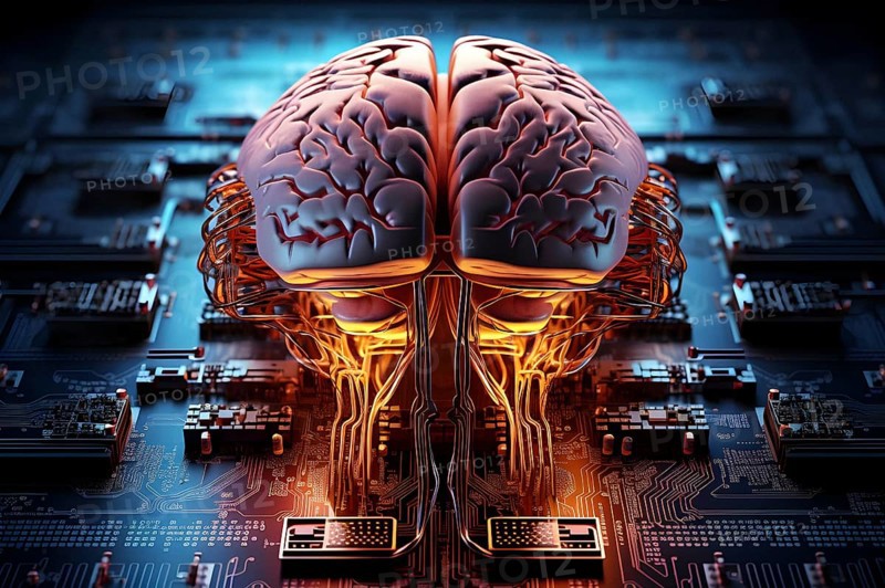 Illustration of a human brain connected to a circuit board with processors and other electronic components. AI generated