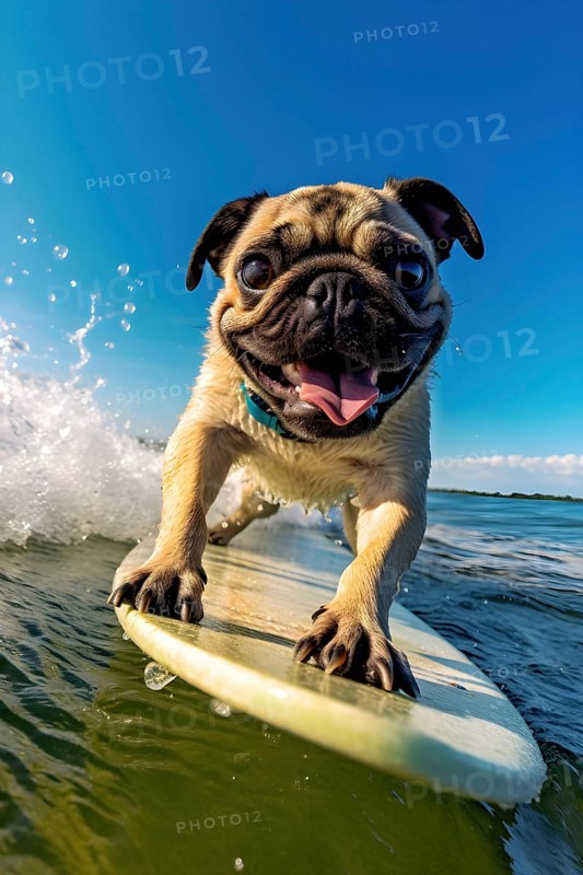 Excited pug riding a wave on a surfbard on a sunny day with blue sky. AI generated