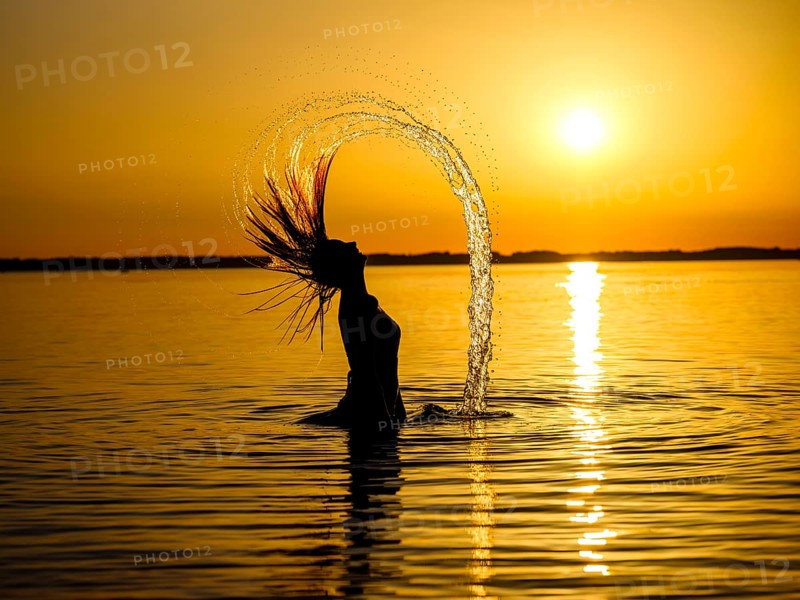 Young woman in the water throws back her long hair with a surge of water