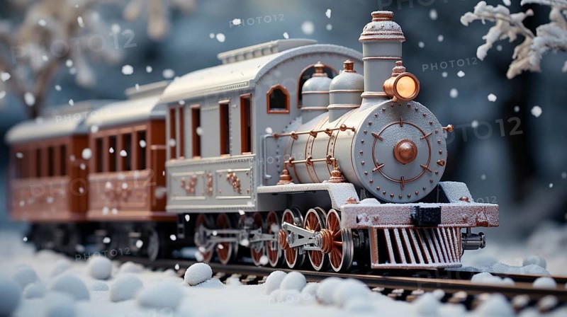 Miniature locamotive train set in A snowy christmas holiday setting. generative AI